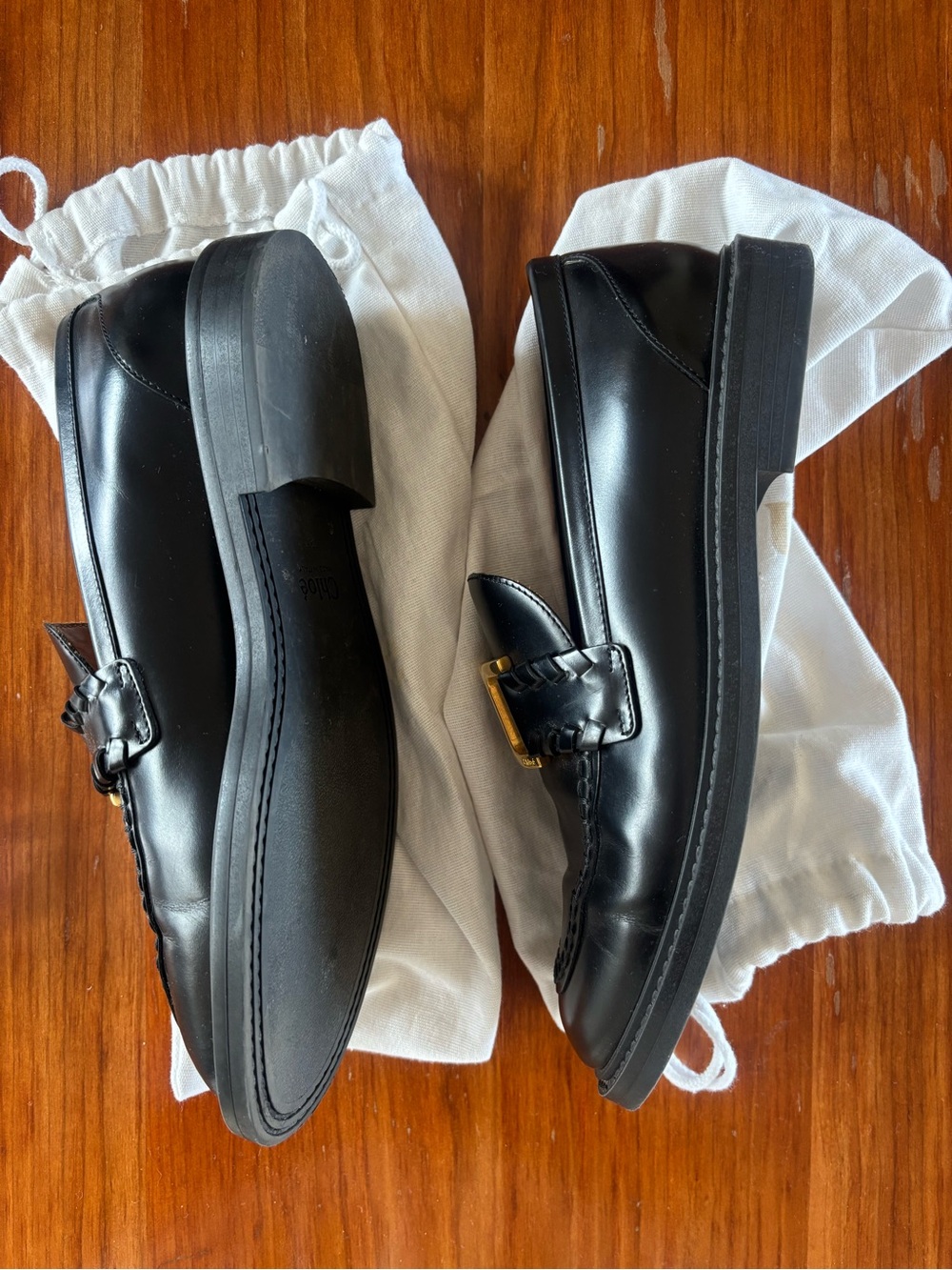 Chloe Black Leather Loafers with Gold Buckle - Picture 4 of 7